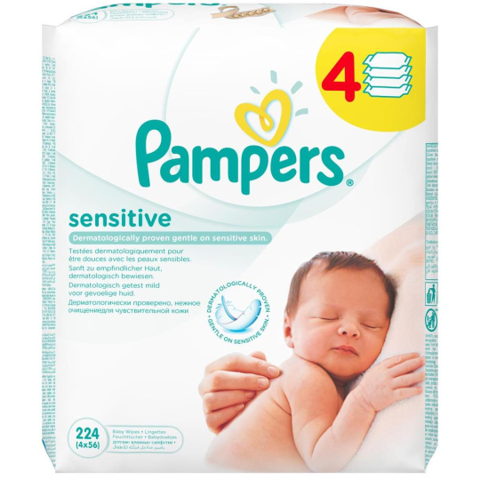 Pampers Sensitive vlhčené ubrousky pro citlivou pokožku dětí 4 x 56 kusů