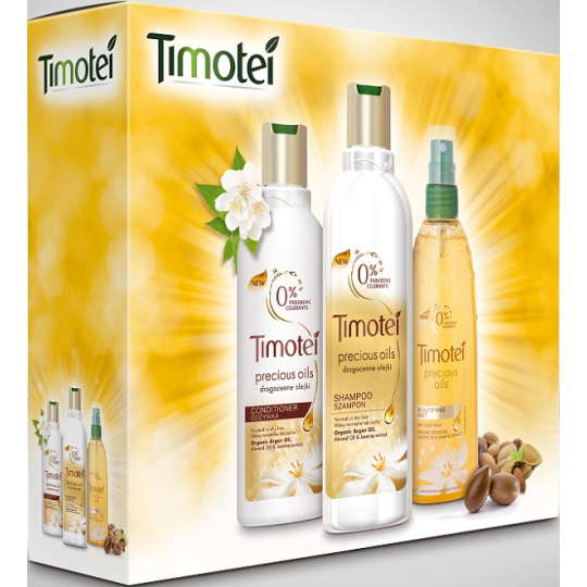 Timotei Precious Oils se vzácnými oleji šampon na vlasy 250 ml + kondicionér 200 ml + zkrášlující sprej 150 ml, kosmetická sada