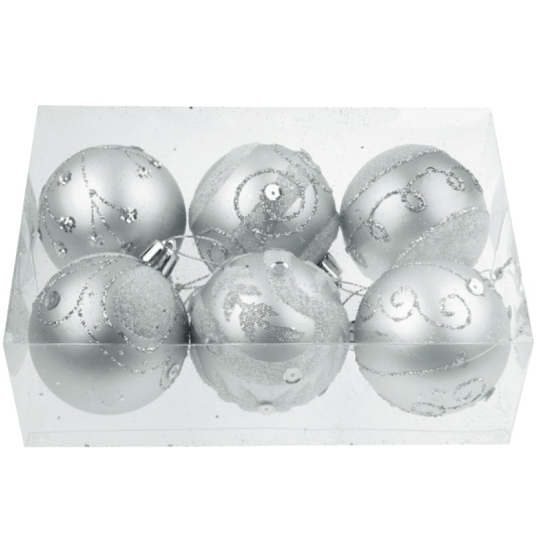 Baňky stříbrné matné s glitry na zavěšení 5,5 cm v krabičce 6 kusů