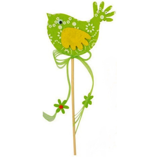Ptáček z filcu zelený-bílý dekor zápich 7cm + špejle
