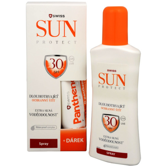 SunProtect Swiss SPF30 sprej na opalování voděodolný 250 ml + Premium Panthenol regeneruje podrážděnou pokožku po opalování 50 ml