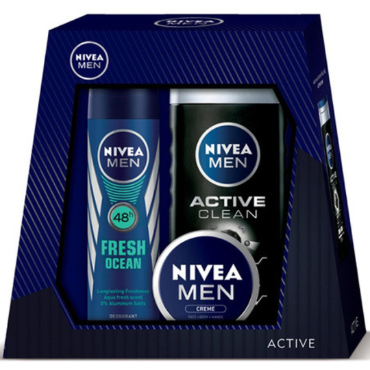 Nivea Men Univerzální krém 30 ml + Active Clean sprchový gel 250 ml + Fresh Ocean 48h deodorant sprej 150 ml, kosmetická sada