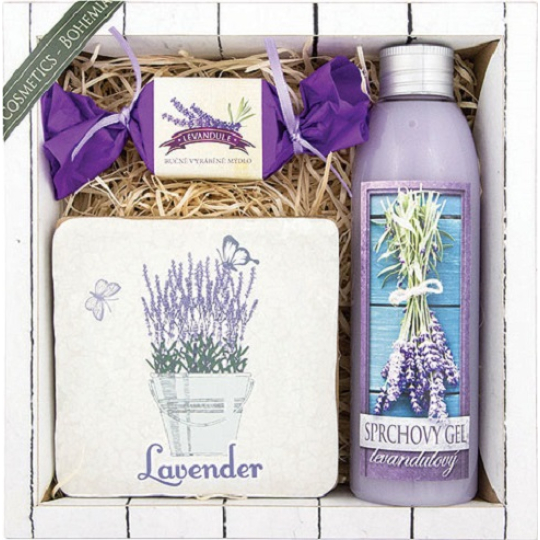 Bohemia Gifts Lavender La Provence sprchový gel 200 ml + ručně vyráběné mýdlo 30 g + dekorační kachlík s potiskem 10 x 10 cm, kosmetická sada