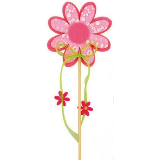 Květ z filcu růžový s bílým dekorem zápich 8 cm + špejle