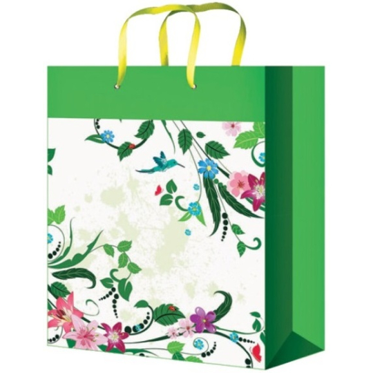 Anděl Dárková papírová taška 32 x 26 x 12,7 cm zelená s květy